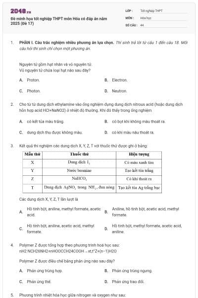 Đề minh họa tốt nghiệp THPT môn Hóa có đáp án năm 2025 (Đề 17)