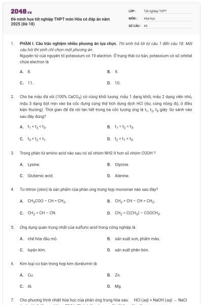 Đề minh họa tốt nghiệp THPT môn Hóa có đáp án năm 2025 (Đề 18)