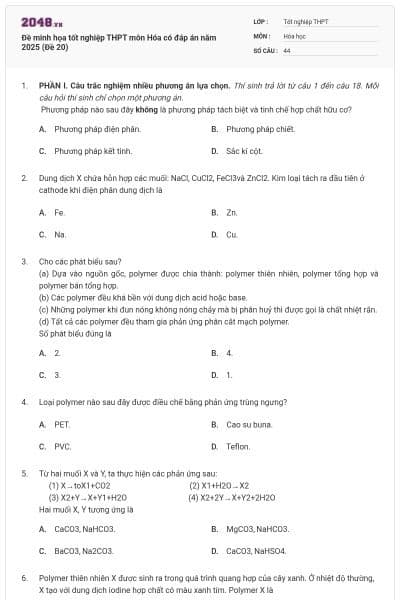 Đề minh họa tốt nghiệp THPT môn Hóa có đáp án năm 2025 (Đề 20)