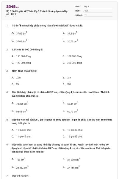 Bộ 5 đề thi giữa kì 2 Toán lớp 5 Chân trời sáng tạo có đáp án - Đề 1