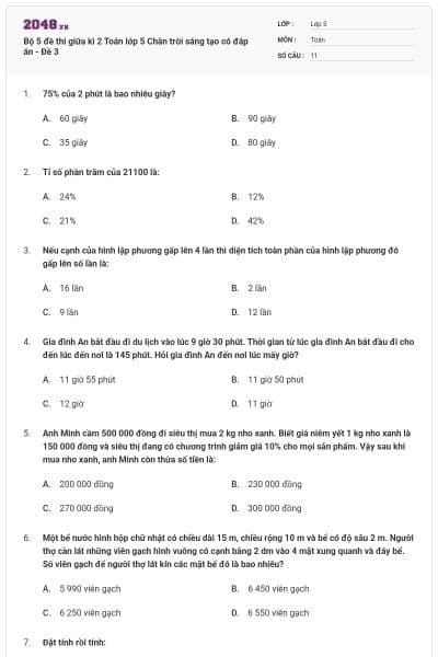 Bộ 5 đề thi giữa kì 2 Toán lớp 5 Chân trời sáng tạo có đáp án - Đề 3