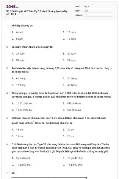 Bộ 5 đề thi giữa kì 2 Toán lớp 5 Chân trời sáng tạo có đáp án - Đề 4