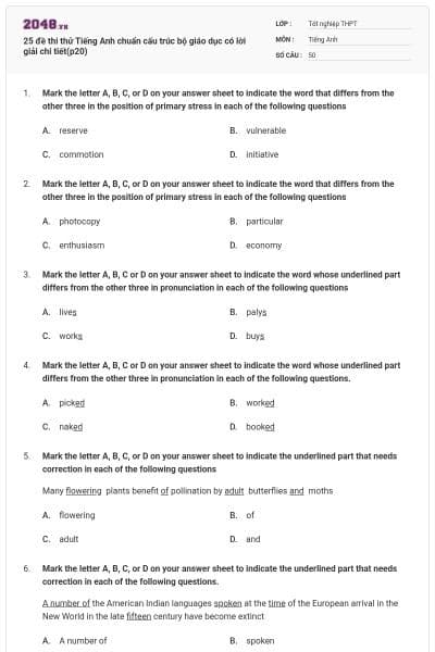 25 đề thi thử Tiếng Anh chuẩn cấu trúc bộ giáo dục có lời giải chi tiết(p20)