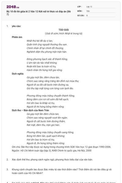 Bộ 10 đề thi giữa kì 2 Văn 12 Kết nối tri thức có đáp án (Đề 7)