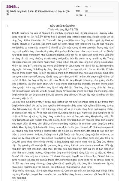 Bộ 10 đề thi giữa kì 2 Văn 12 Kết nối tri thức có đáp án (Đề 9)