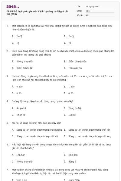 Đề thi thử thpt quốc gia môn Vật Lí cực hay có lời giải chi tiết (P20)