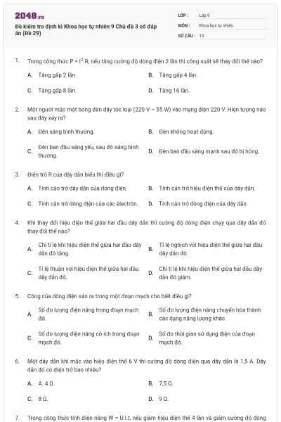 Đề kiểm tra định kì Khoa học tự nhiên 9 Chủ đề 3 có đáp án (Đề 29)
