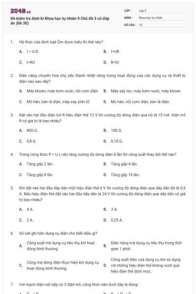 Đề kiểm tra định kì Khoa học tự nhiên 9 Chủ đề 3 có đáp án (Đề 30)