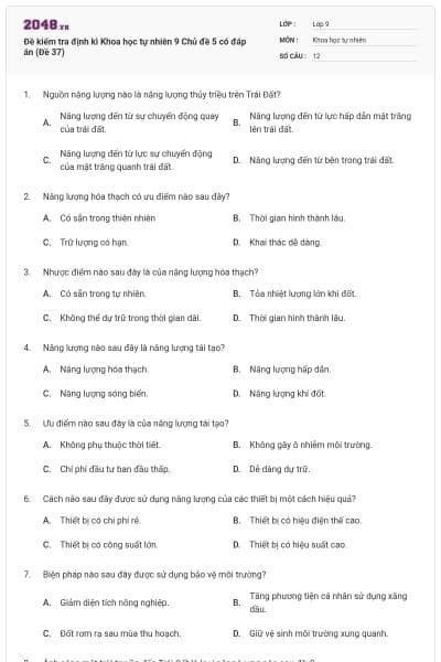 Đề kiểm tra định kì Khoa học tự nhiên 9 Chủ đề 5 có đáp án (Đề 37)