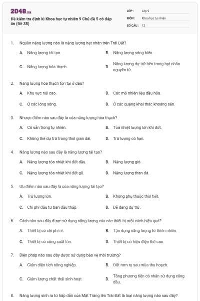 Đề kiểm tra định kì Khoa học tự nhiên 9 Chủ đề 5 có đáp án (Đề 38)