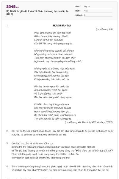 Bộ 10 đề thi giữa kì 2 Văn 12 Chân trời sáng tạo có đáp án (Đề 7)