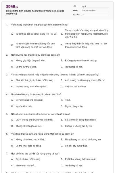 Đề kiểm tra định kì Khoa học tự nhiên 9 Chủ đề 5 có đáp án (Đề 40)