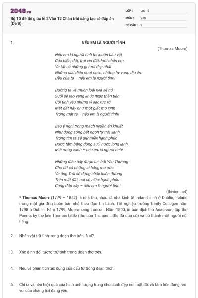 Bộ 10 đề thi giữa kì 2 Văn 12 Chân trời sáng tạo có đáp án (Đề 8)