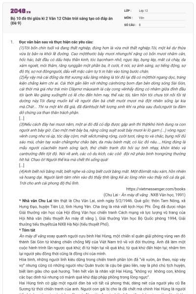 Bộ 10 đề thi giữa kì 2 Văn 12 Chân trời sáng tạo có đáp án (Đề 9)