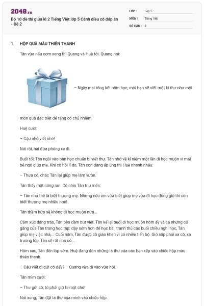 Bộ 10 đề thi giữa kì 2 Tiếng Việt lớp 5 Cánh diều có đáp án - Đê 2