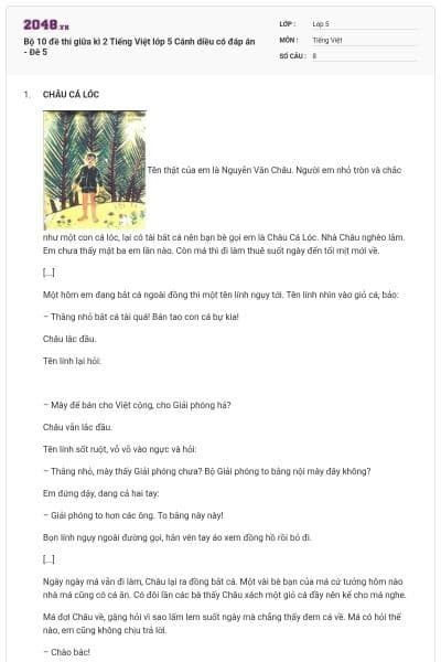 Bộ 10 đề thi giữa kì 2 Tiếng Việt lớp 5 Cánh diều có đáp án - Đê 5