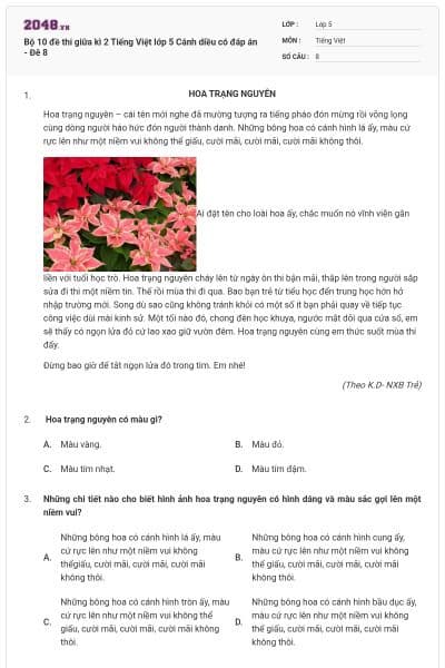 Bộ 10 đề thi giữa kì 2 Tiếng Việt lớp 5 Cánh diều có đáp án - Đê 8