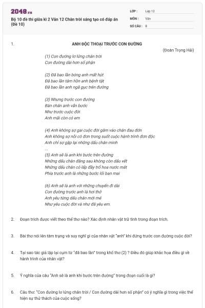 Bộ 10 đề thi giữa kì 2 Văn 12 Chân trời sáng tạo có đáp án (Đề 10)