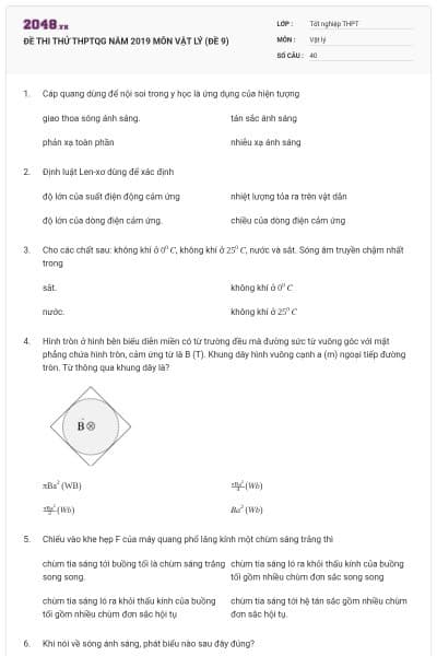 ĐỀ THI THỬ THPTQG NĂM 2019 MÔN VẬT LÝ (ĐỀ 9)