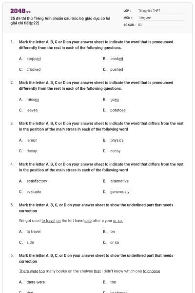 25 đề thi thử Tiếng Anh chuẩn cấu trúc bộ giáo dục có lời giải chi tiết(p22)