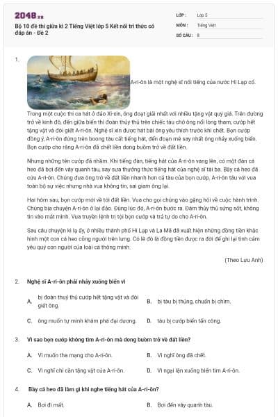 Bộ 10 đề thi giữa kì 2 Tiếng Việt lớp 5 Kết nối tri thức có đáp án - Đề 2