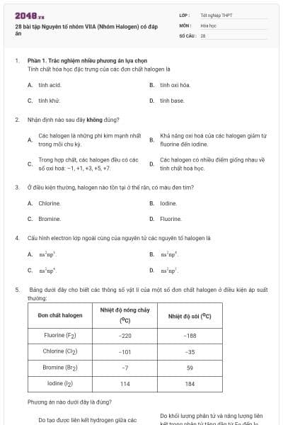28 bài tập Nguyên tố nhóm VIIA (Nhóm Halogen) có đáp án