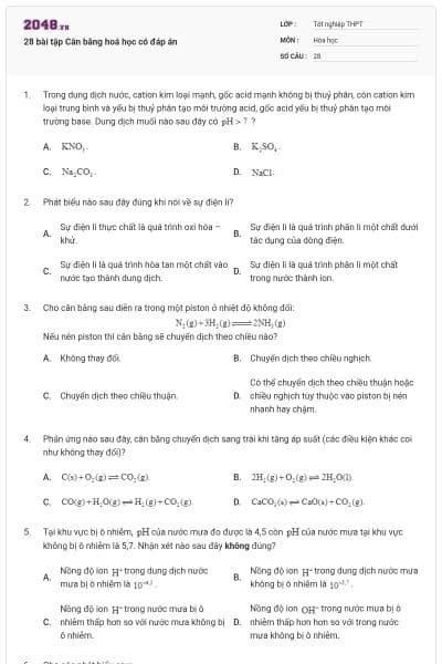 28 bài tập Cân bằng hoá học có đáp án
