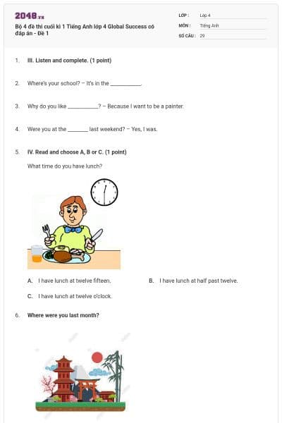 Bộ 4 đề thi cuối kì 1 Tiếng Anh lớp 4 Global Success có đáp án - Đề 1