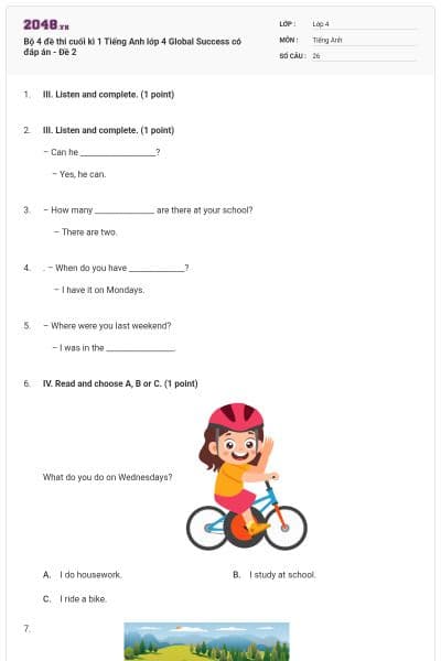 Bộ 4 đề thi cuối kì 1 Tiếng Anh lớp 4 Global Success có đáp án - Đề 2