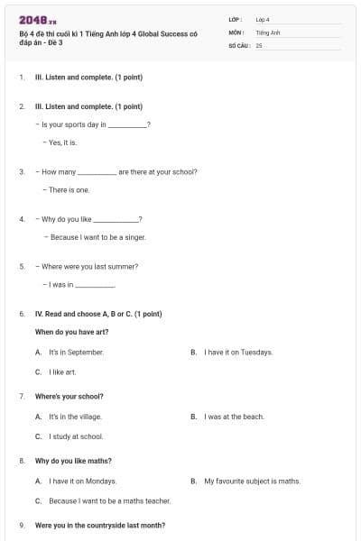 Bộ 4 đề thi cuối kì 1 Tiếng Anh lớp 4 Global Success có đáp án - Đề 3