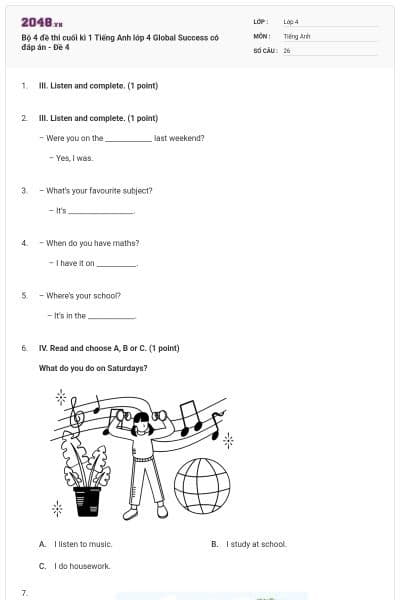 Bộ 4 đề thi cuối kì 1 Tiếng Anh lớp 4 Global Success có đáp án - Đề 4
