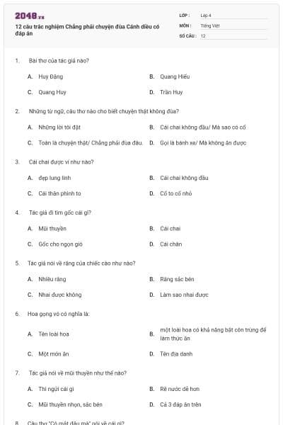 12 câu trắc nghiệm Chẳng phải chuyện đùa Cánh diều có đáp án