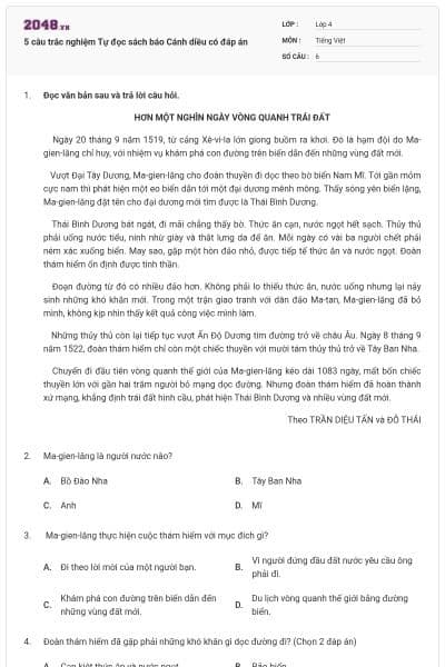 5 câu trắc nghiệm Tự đọc sách báo Cánh diều có đáp án