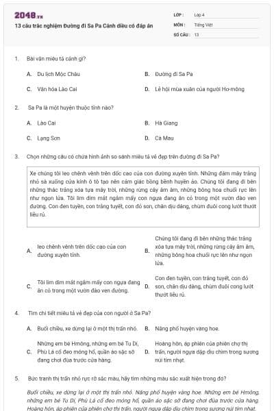 13 câu trắc nghiệm Đường đi Sa Pa Cánh diều có đáp án