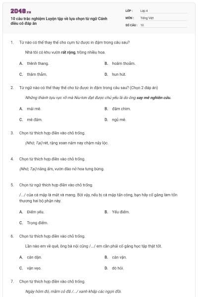 10 câu trắc nghiệm Luyện tập về lựa chọn từ ngữ Cánh diều có đáp án