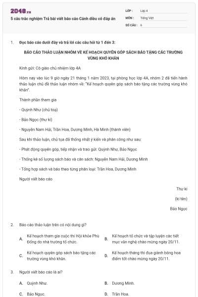 5 câu trắc nghiệm Trả bài viết báo cáo Cánh diều có đáp án