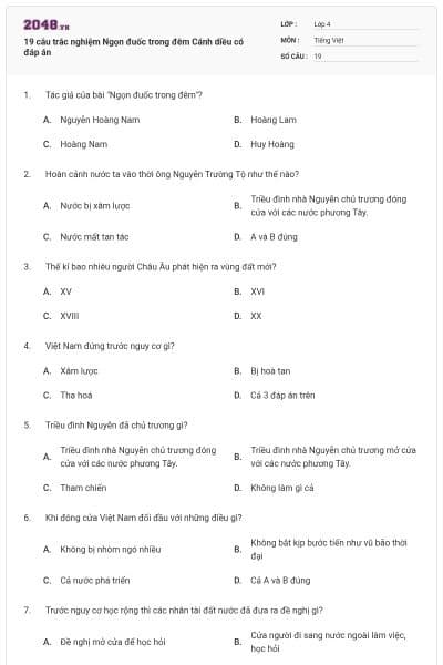 19 câu trắc nghiệm Ngọn đuốc trong đêm Cánh diều có đáp án