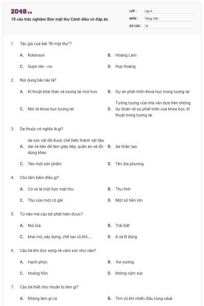 18 câu trắc nghiệm Bức mật thư Cánh diều có đáp án