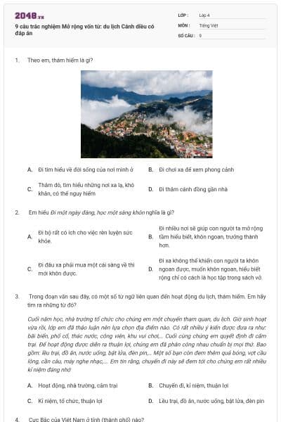 9 câu trắc nghiệm Mở rộng vốn từ: du lịch Cánh diều có đáp án