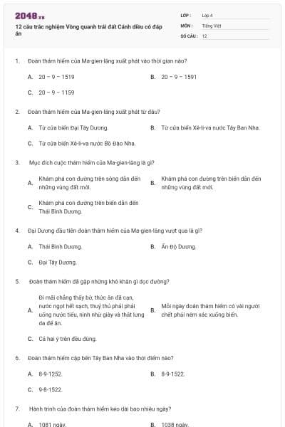12 câu trắc nghiệm Vòng quanh trái đất Cánh diều có đáp án