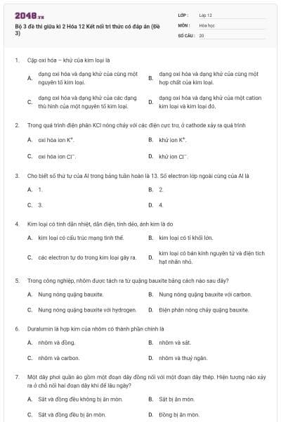 Bộ 3 đề thi giữa kì 2 Hóa 12 Kết nối tri thức có đáp án (Đề 3)