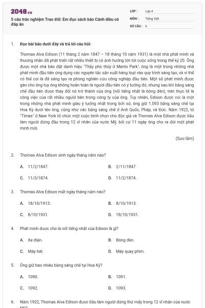 5 câu trắc nghiệm Trao đổi: Em đọc sách báo Cánh diều có đáp án