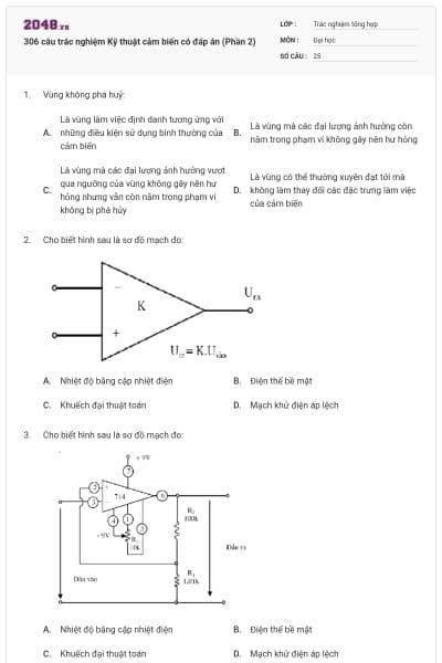 306 câu trắc nghiệm Kỹ thuật cảm biến có đáp án (Phần 2)