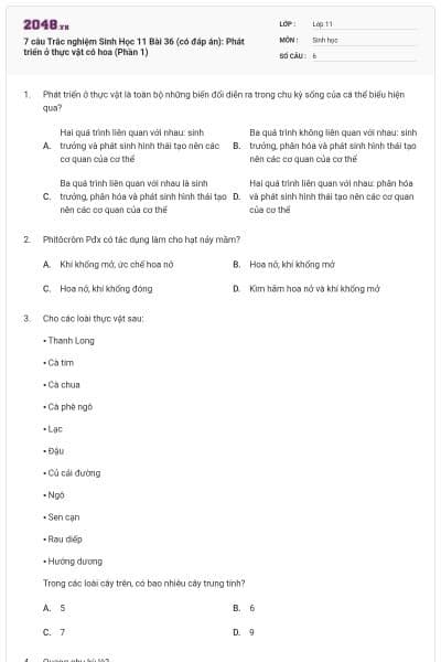 7 câu  Trắc nghiệm Sinh Học 11 Bài 36 (có đáp án): Phát triển ở thực vật có hoa (Phần 1)