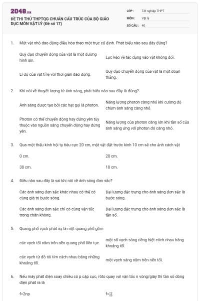 ĐỀ THI THỬ THPTQG CHUẨN CẤU TRÚC CỦA BỘ GIÁO DỤC MÔN VẬT LÝ (Đề số 17)