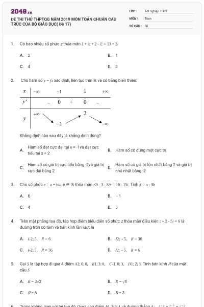 ĐỀ THI THỬ THPTQG NĂM 2019 MÔN TOÁN CHUẨN CẤU TRÚC CỦA BỘ GIÁO DỤC( Đề 17)