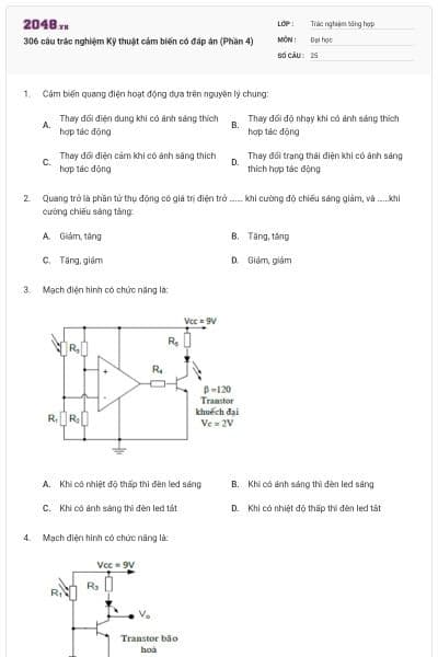 306 câu trắc nghiệm Kỹ thuật cảm biến có đáp án (Phần 4)
