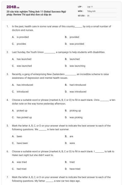 20 câu trắc nghiệm Tiếng Anh 11 Global Success Ngữ pháp: Review Thì quá khứ đơn có đáp án
