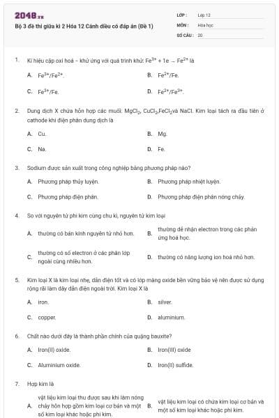 Bộ 3 đề thi giữa kì 2 Hóa 12 Cánh diều có đáp án (Đề 1)