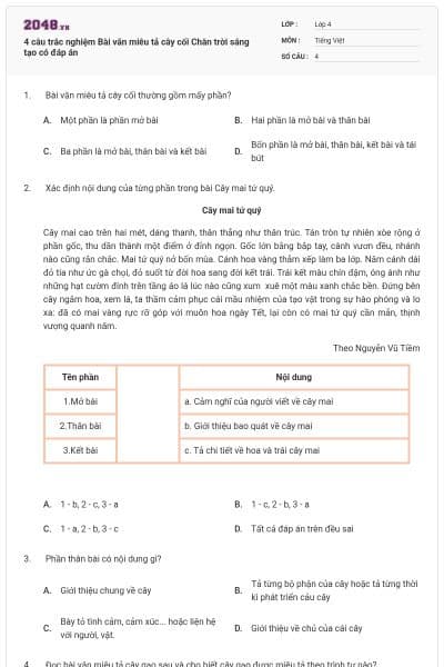 4 câu trắc nghiệm Bài văn miêu tả cây cối Chân trời sáng tạo có đáp án